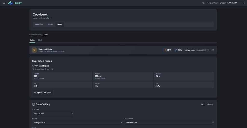 Cookbook Diary Baker view with live conditions and log form
