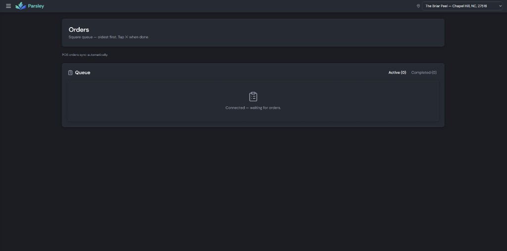 Orders queue with Active and Completed tabs
